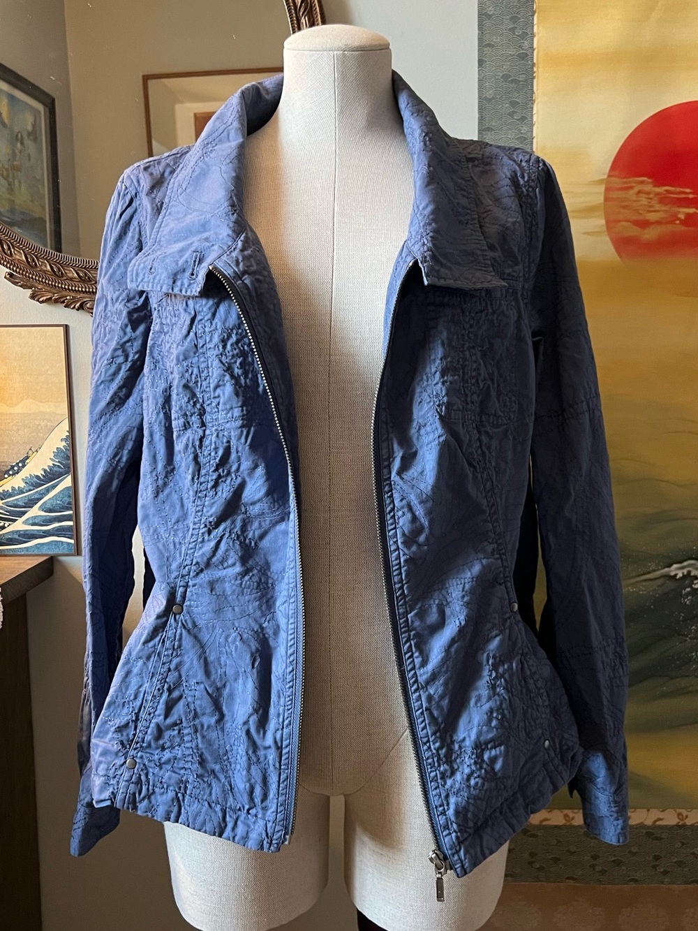 Retro Chic Slate Blue Utility Zip Jacket with Stand Collar - Picture 3 of 5
